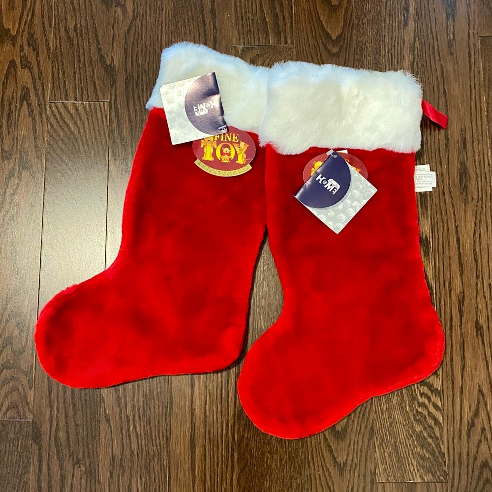NWT Soft & Cuddly Christmas Stockings with White Fur Trim, Set of 2